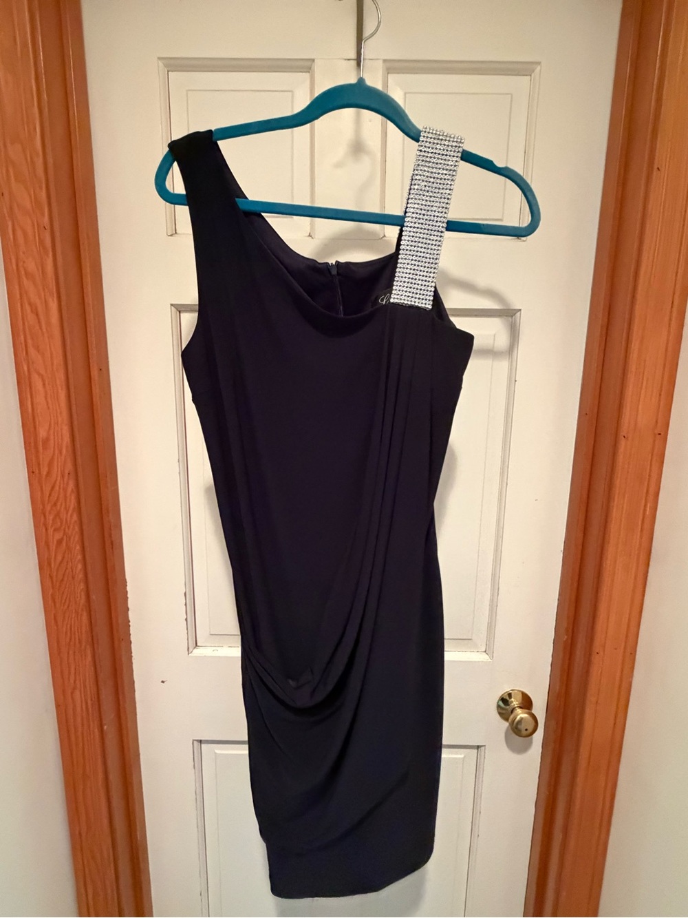 Frank Lyman Design Black One-Shoulder Draped Dress with Embellished Shoulder